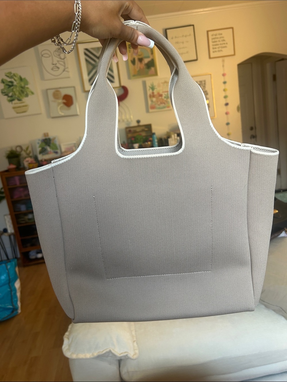 Ted Baker Neutral Taupe Canvas Shopper Tote with White Logo - Picture 3 of 11